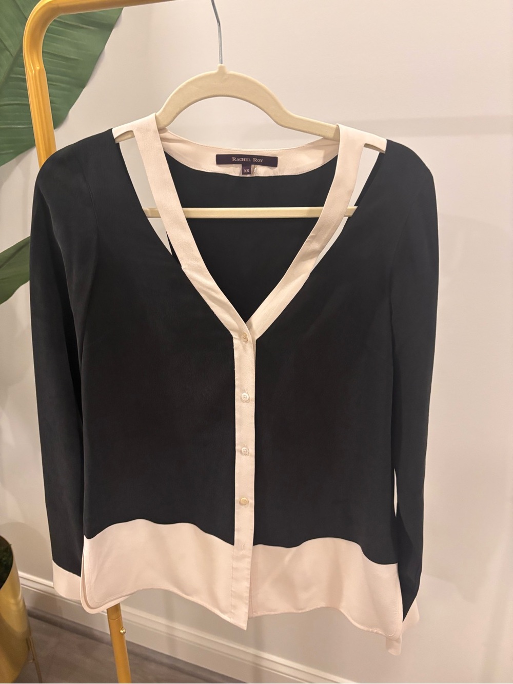 Rachel Roy Black and Cream Button-Front Blouse